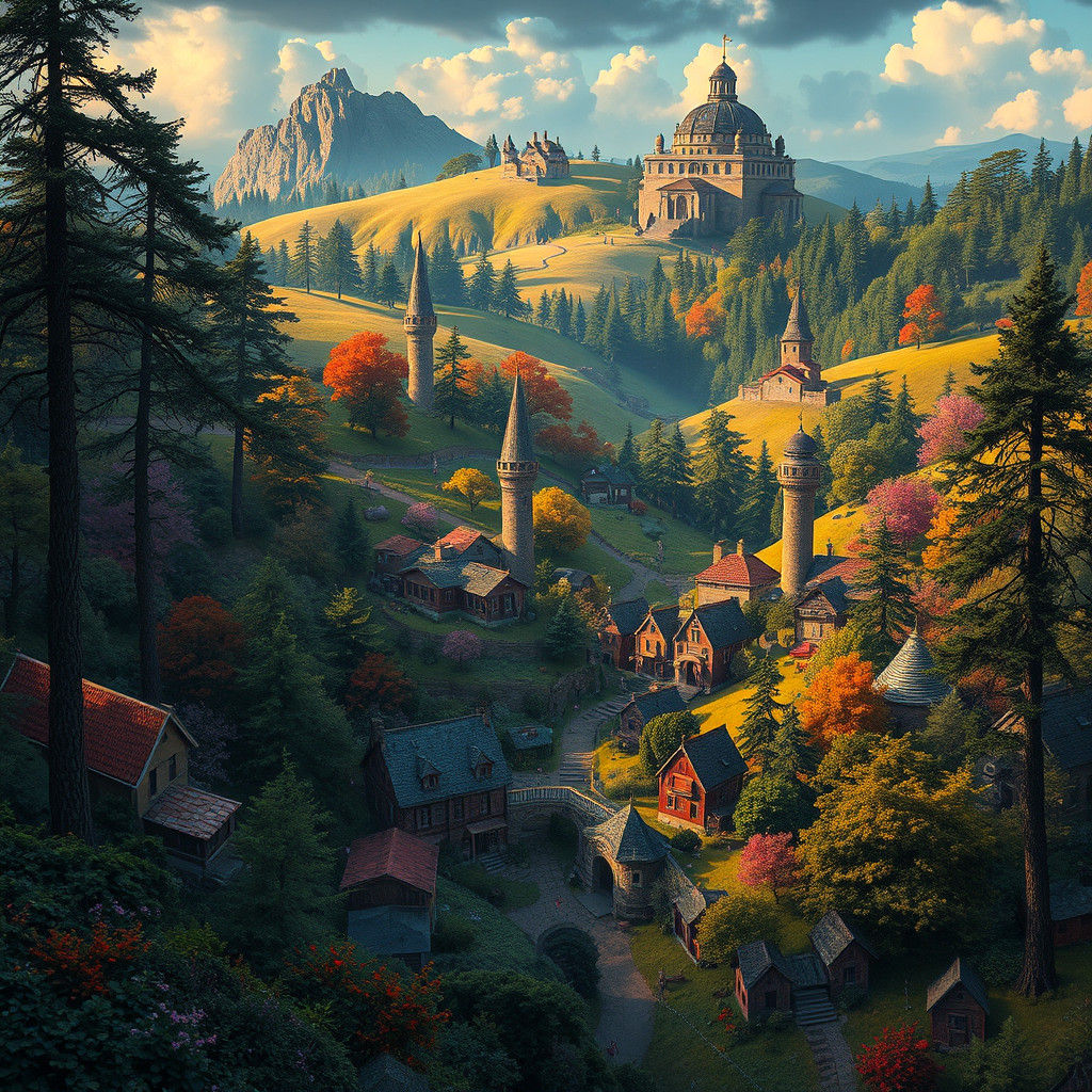 Idyllic Village in Mystical Forest Concept Art
