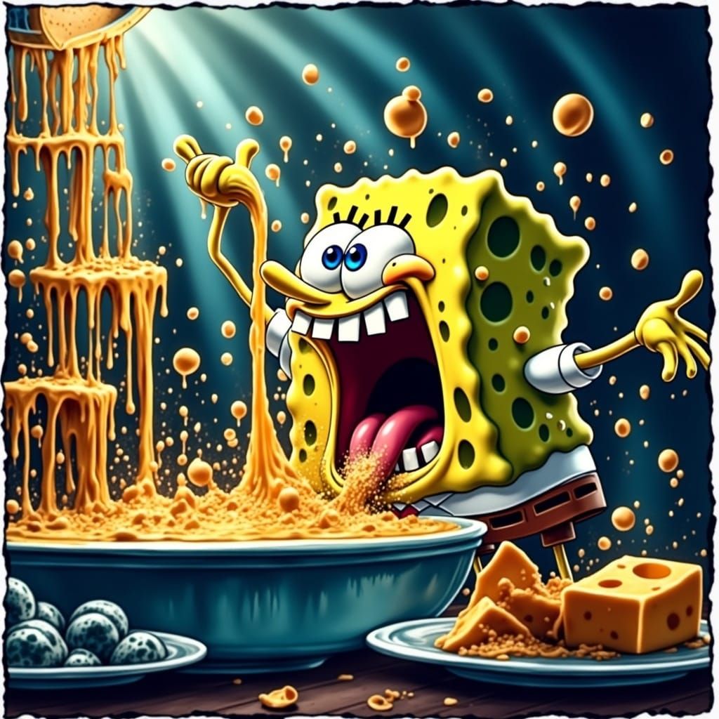 <lora:Screamo Flux Edition:1.0> SpongeBob Screaming screamo at a Cheese Fondu fountain.