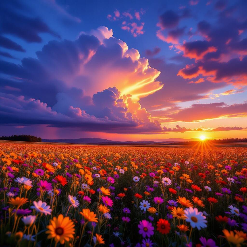 Dramatic Sunset Over Wildflower Field