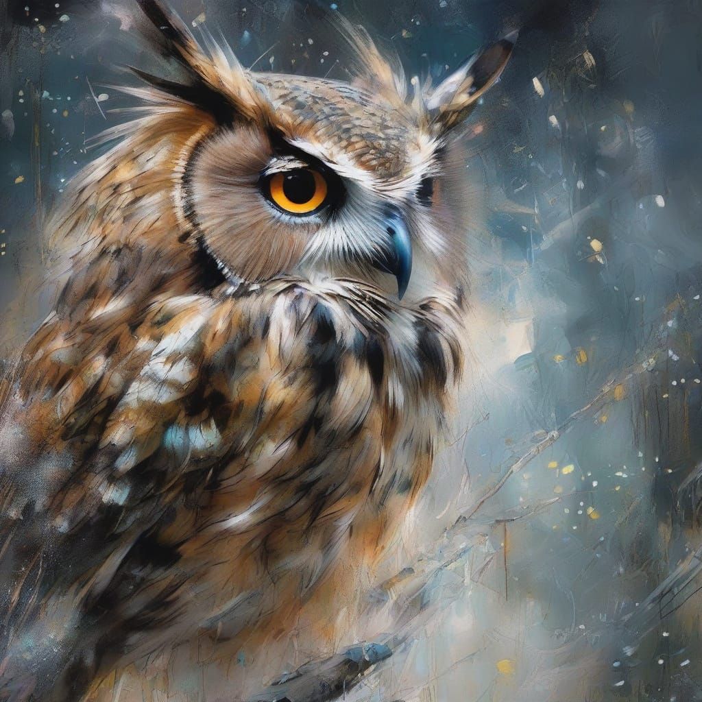 Digital painting. Close up. An owl catching a mouse, Soft focus. frost, sparkles and shimmer. Glittering accents. Mystic...