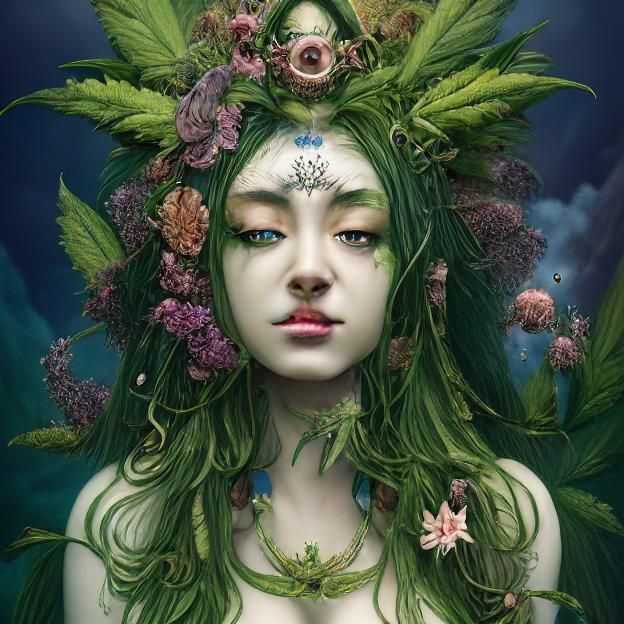 A beautiful detailed painting of a Cannabis goddess, A portrait of a ...