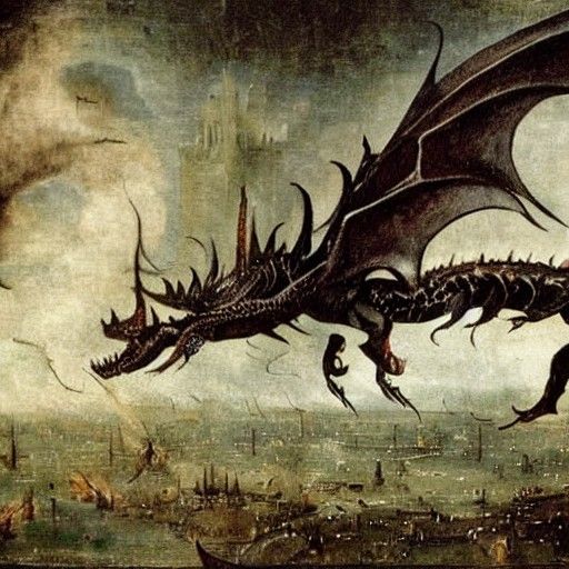 Two Old ominous-looking dragons in an aerial fight, brown an...
