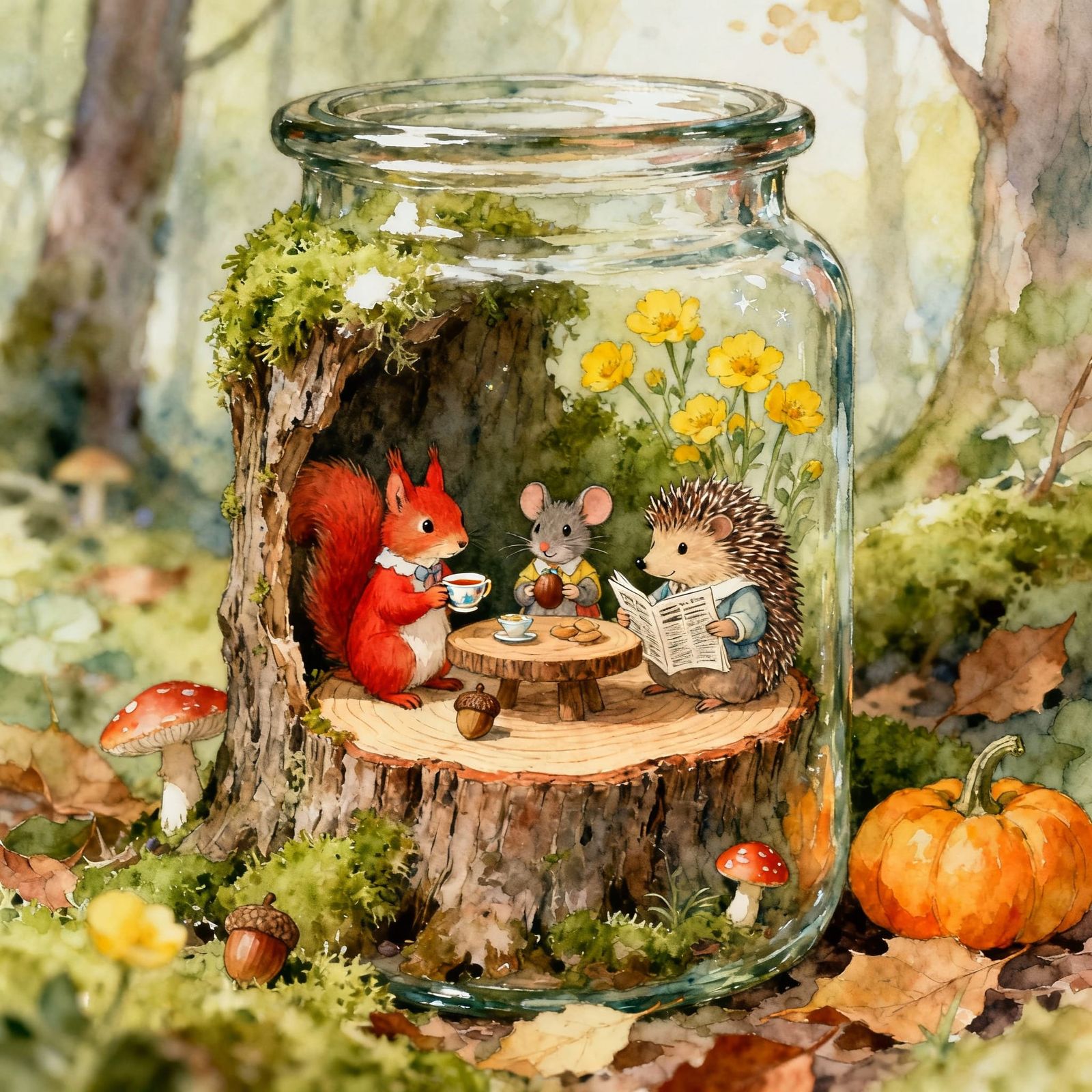 A miniature watercolor illustration of a whimsical woodland scene within an antique glass jar.  by @ArtMew94