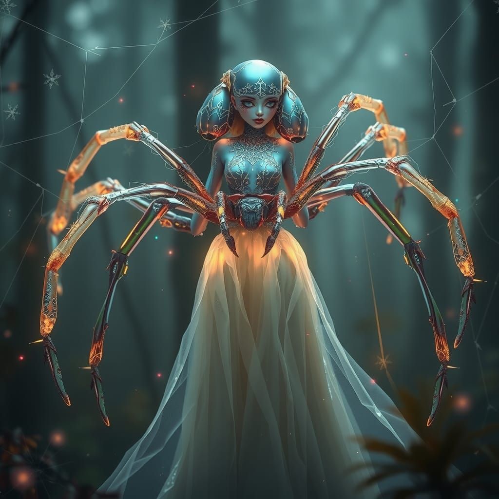 Bioluminescent Spider Girl in Misty Forest