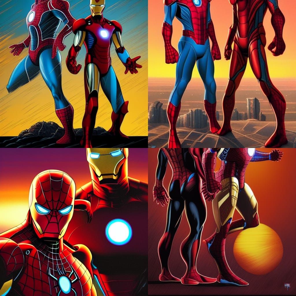 Iron man and spiderman standing next to each other with a su...