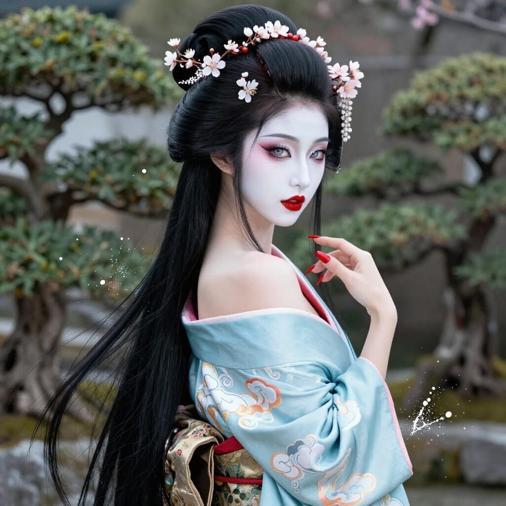 Elegant Geisha in Sakura Garden, Concept Art Portrait