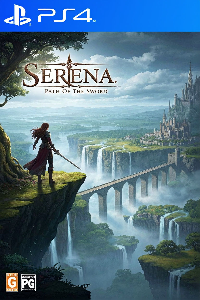 Shiny PS4 Game cover and border of a beautiful woman holding a sword, standing on a cliff of a dramatic ...  by @Summerchild