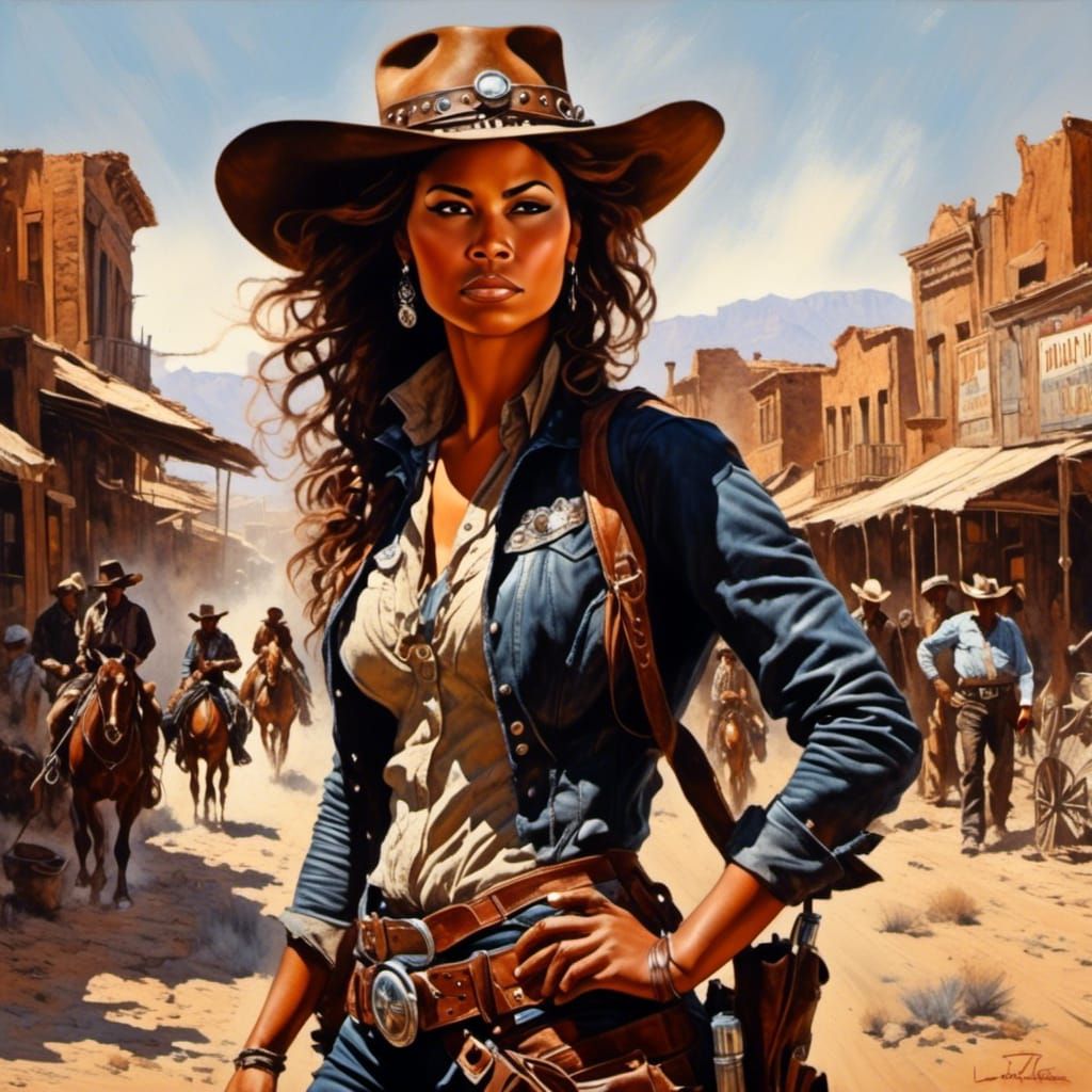 Head and shoulders portrait of a beautiful gunfighter ready ...
