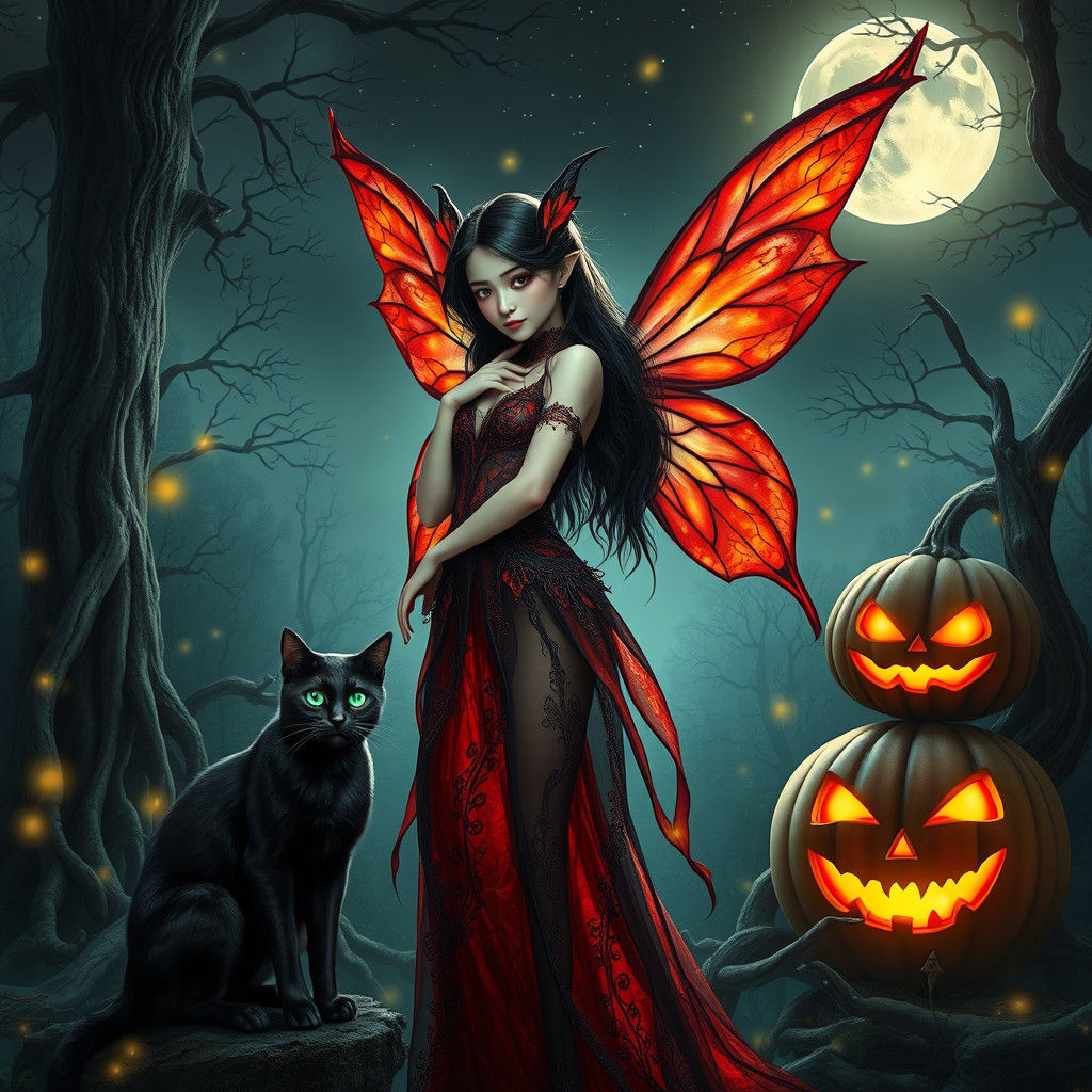 Fairy with bright fire wings wearing  black chrome and red dress under full moon and stars with black long hair cat and pumpkin with carved...