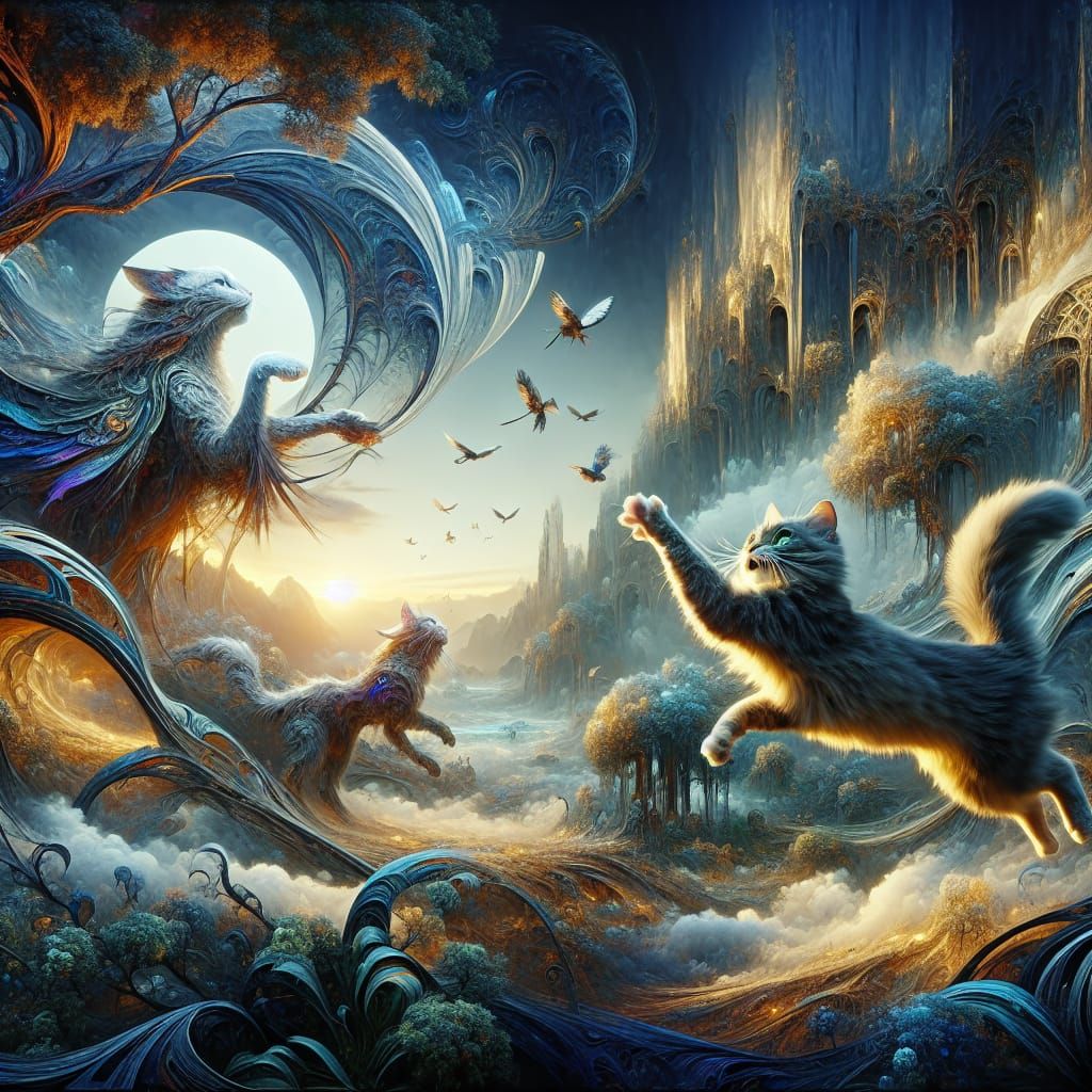 Two Cats Play in Fantastical Matte Painting
