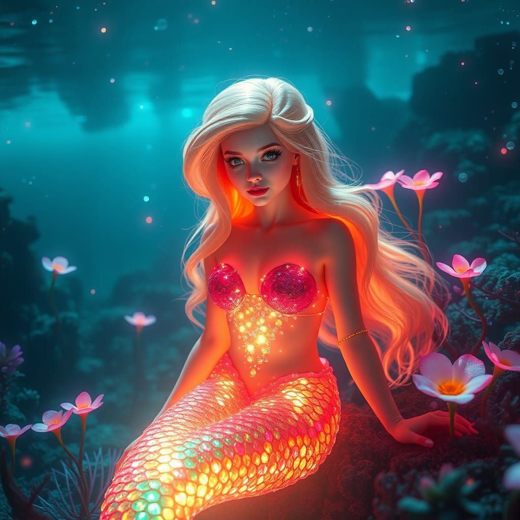 Luminous Mermaid in Cyberpunk Ocean