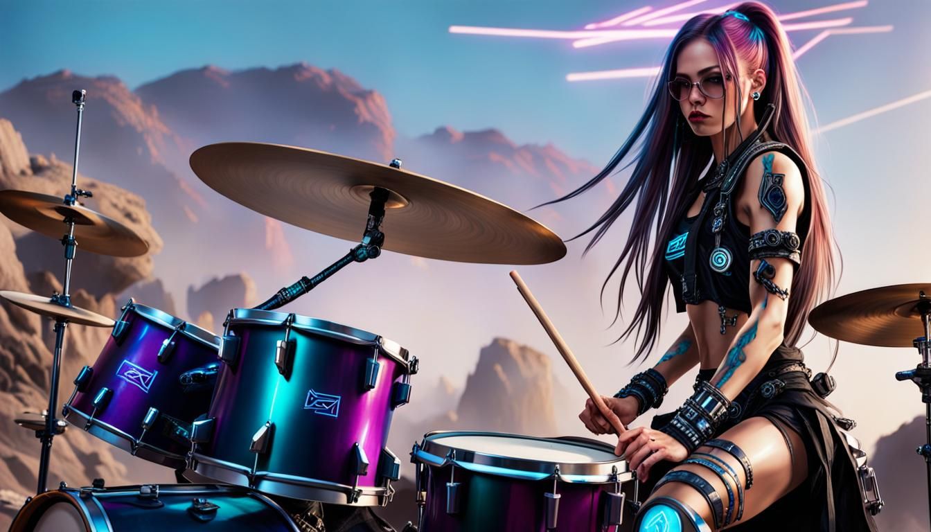 drummer girl with long hair, wearing cyberpunk clothes, play...