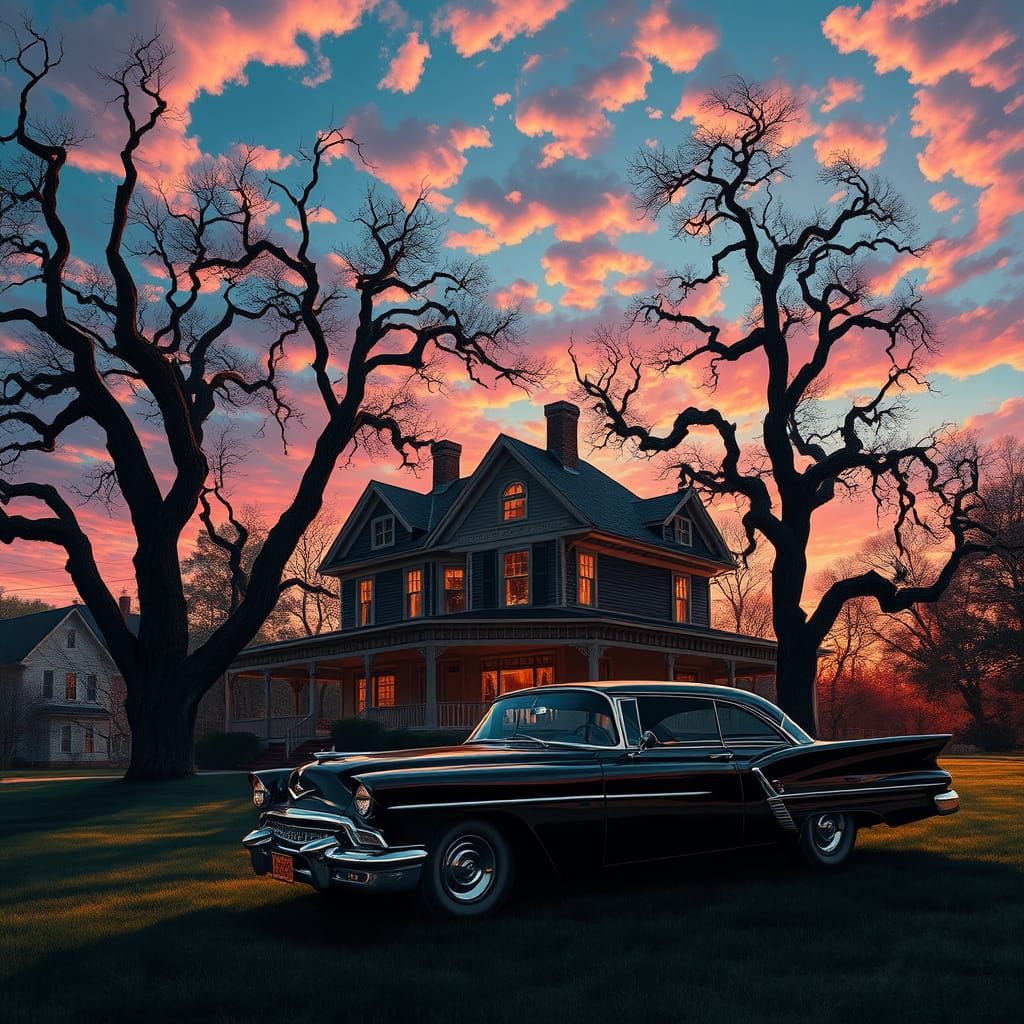 Ethereal Evening Scene with Vintage Car and Twisted Trees