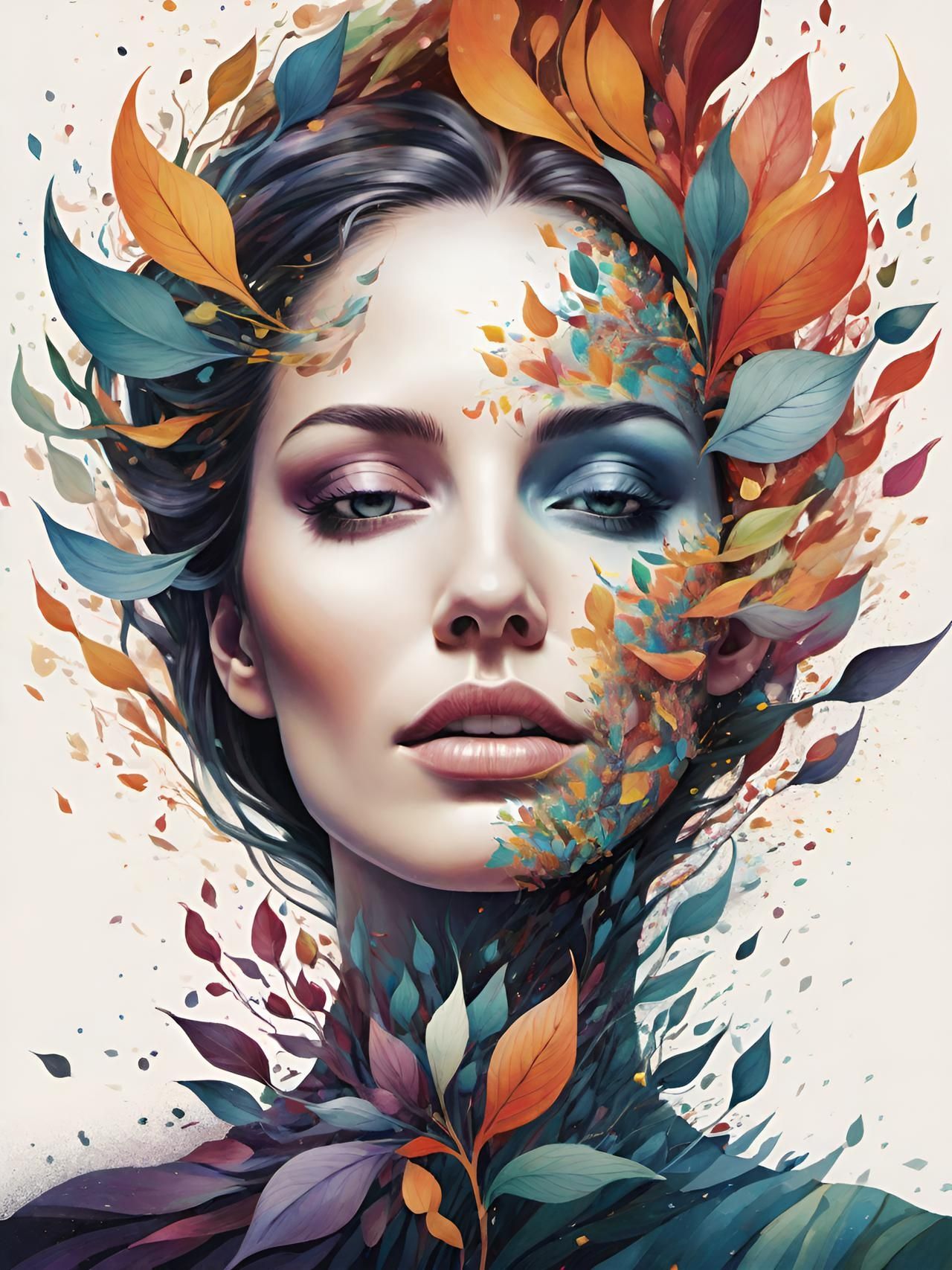 a woman's face breaking apart into a thousand pieces.