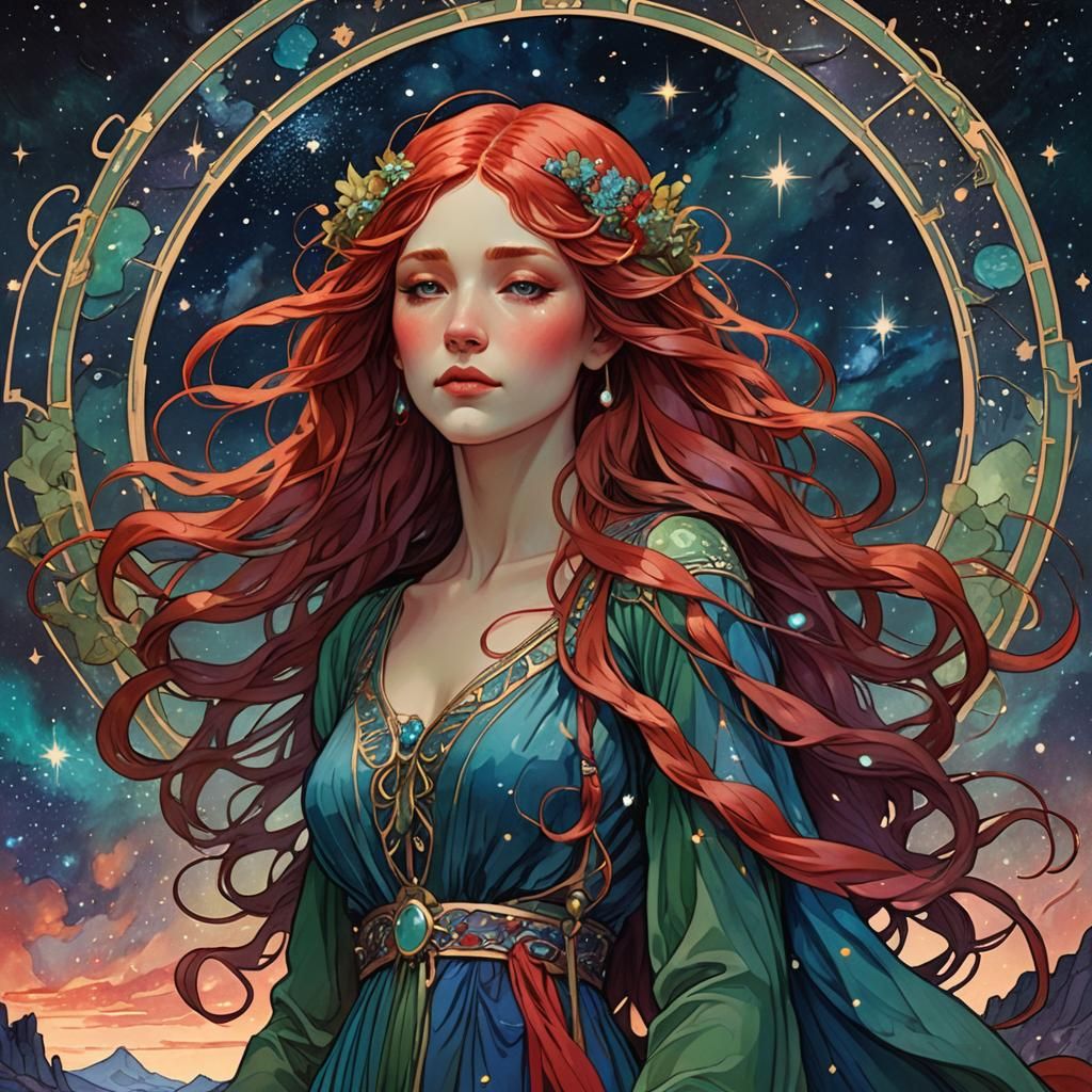 A girl standing in a long blue and red and green dress and a...