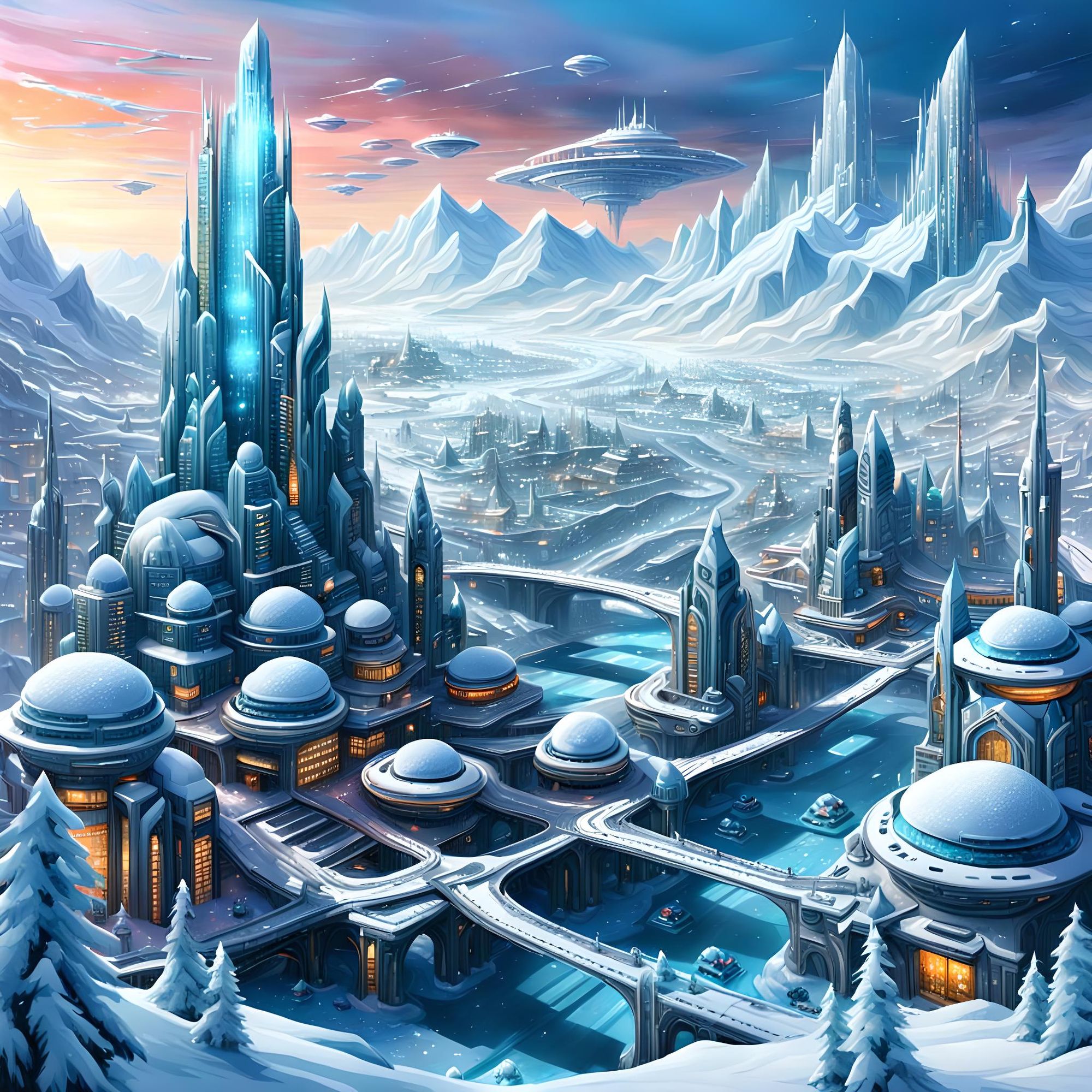 An icy, snowy sci-fi city landscape