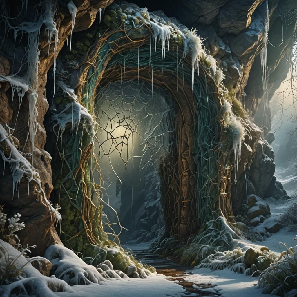 Icy Cobweb Cave Entrance in Dreamlike Painting