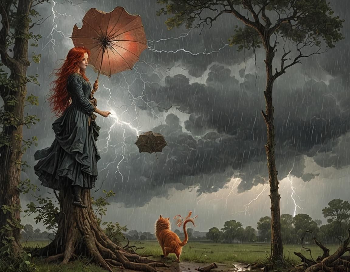 Woman with long red hair In the rain  under a dark cloud get...