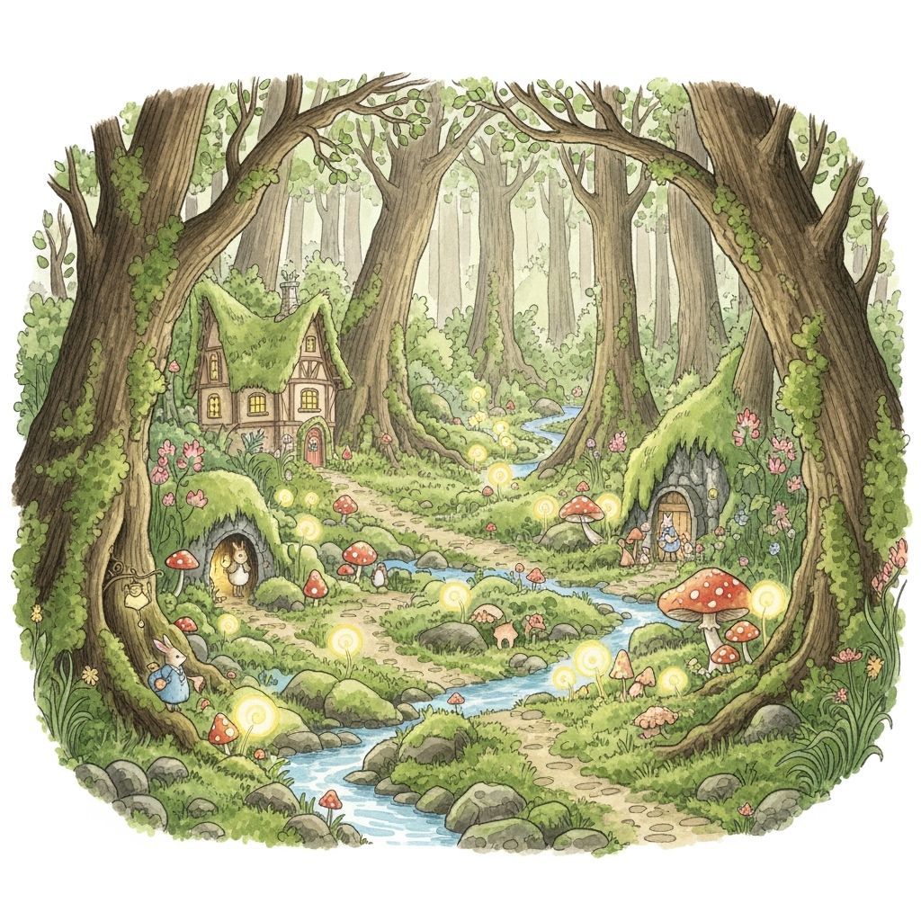 A quaint, hidden village nestled deep within an ancient, enchanted forest, with towering trees and winding, moss-covered paths. Tiny, whimsi...