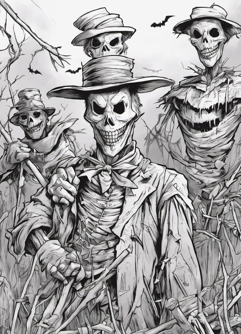 a black and white line drawing colouring page of really scary Halloween