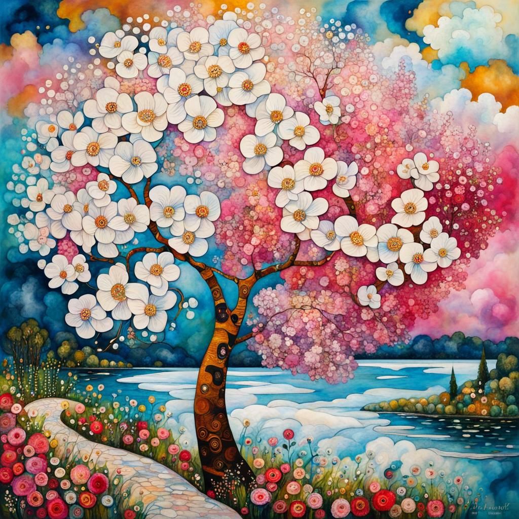 Tree of Life with Flowers in Cubist Style