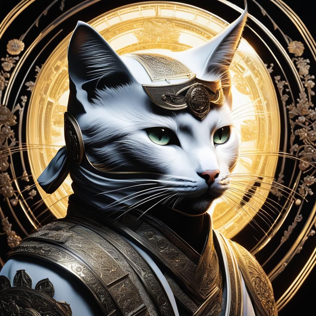 White Ninja Cat in Maximalist Style