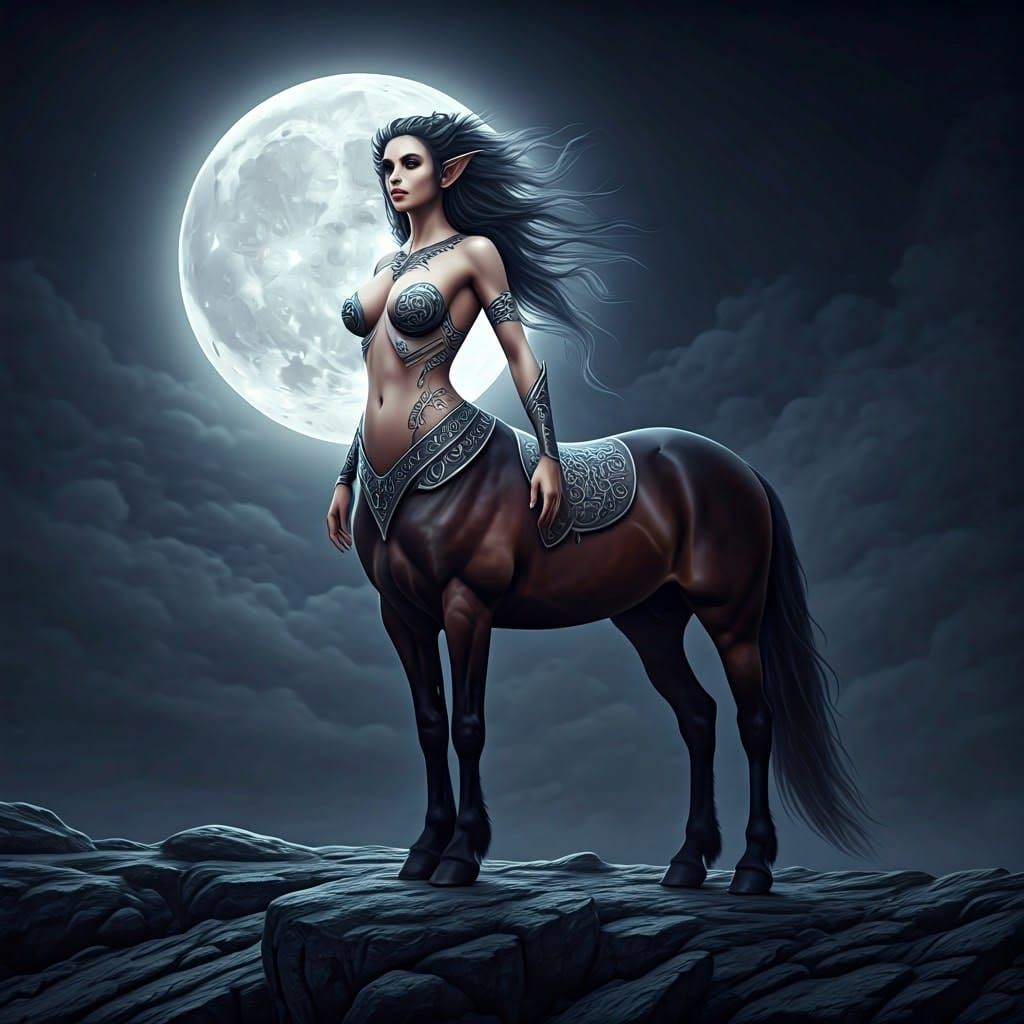 A close-up photo of a magnificent  centaur standing on a hill with the full moon casting a soft glow ...  by @Hippie Child