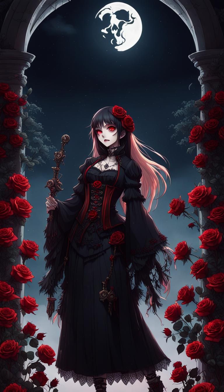 Gothic style ragazzina, red roses, skulls, night, moon by artist 