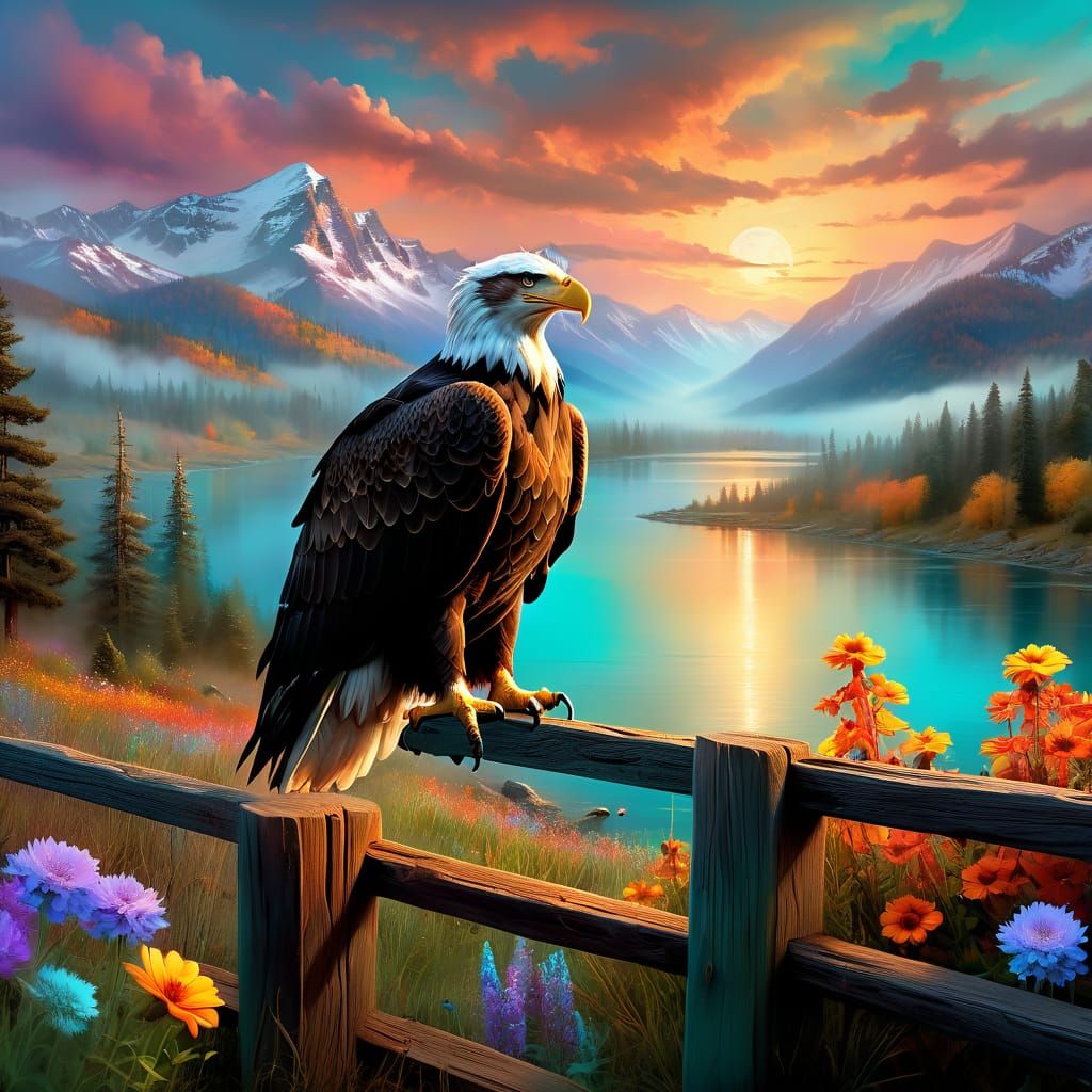 A Majestic Bald Eagle sitting on a rail fence