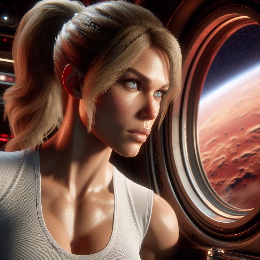 Sonya Blade looking at Mars through a window on a spaceship