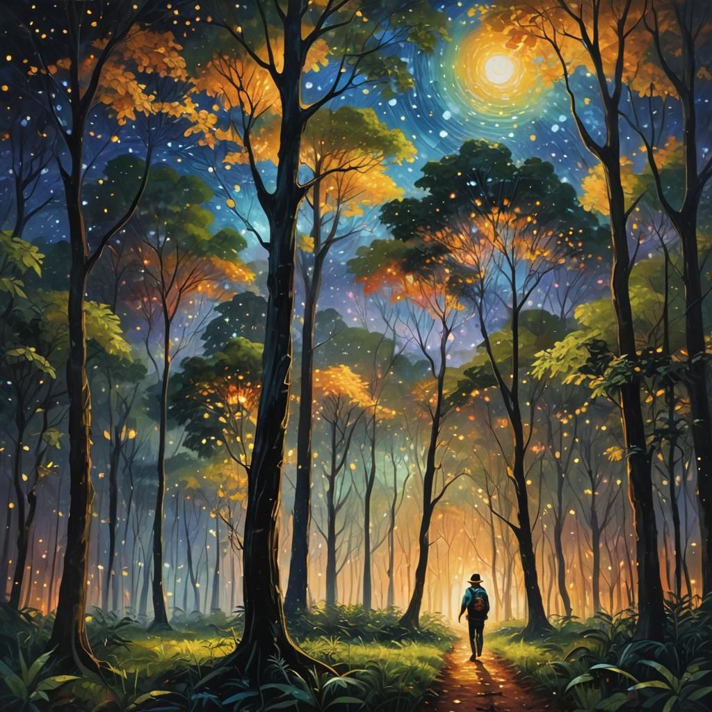 Thai Forest Walk at Dusk: Starry Night Oil Painting