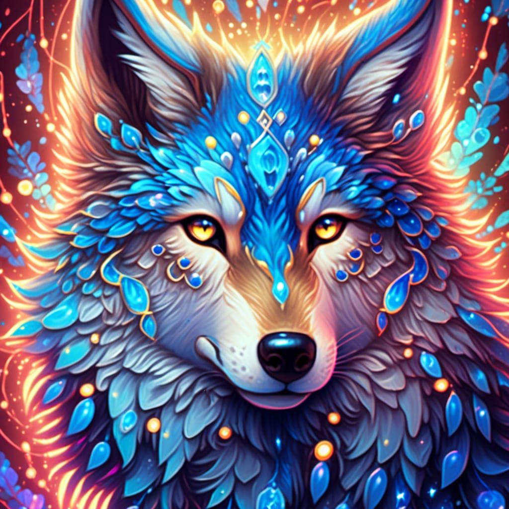 <lora:Neon sparkles:1.0> Visualize an endearing close-up of an adorable wolf with vibrant neon blue bleeding out of its fur, creating a capt...