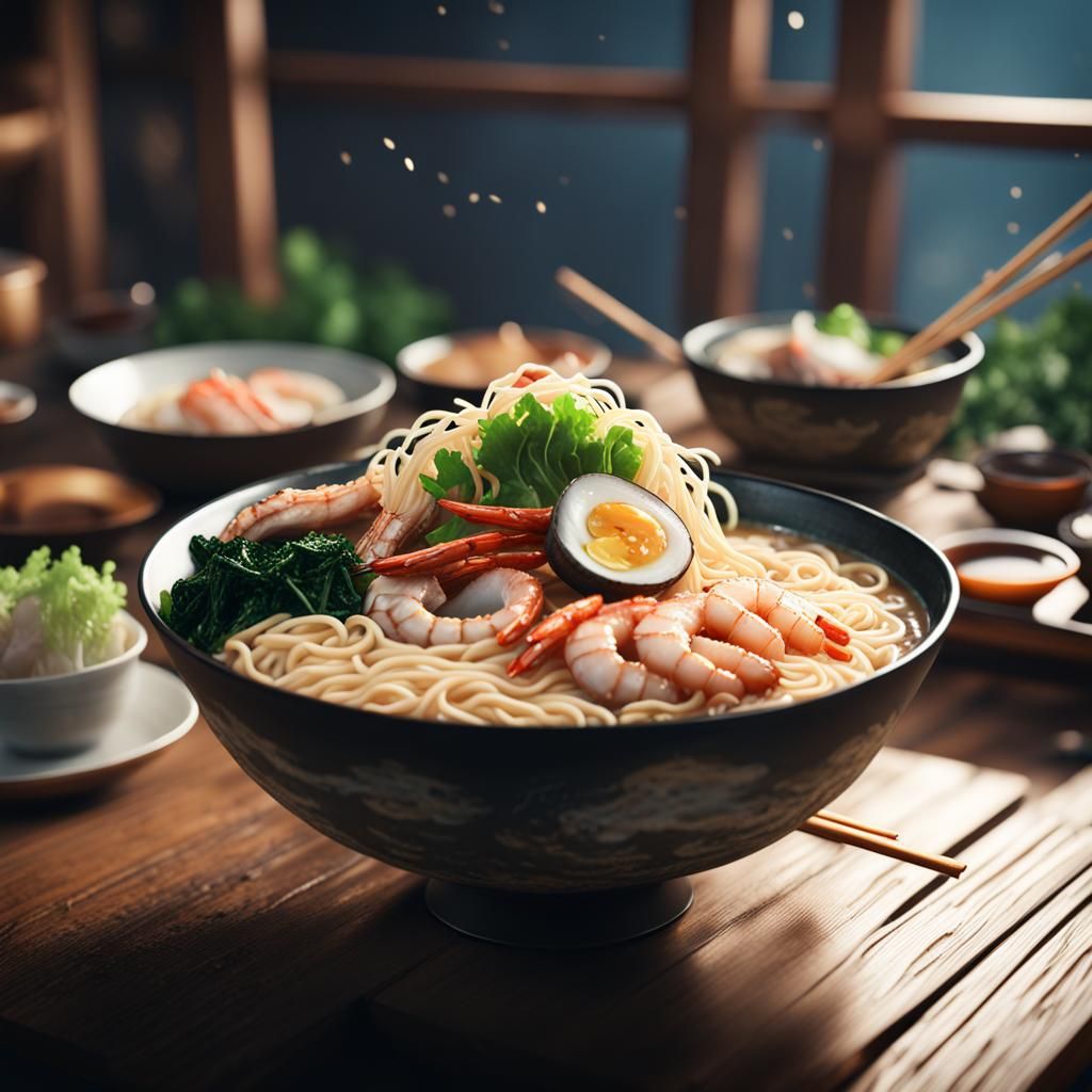 Epic ramen with seafood and greens