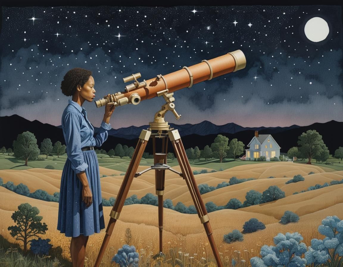 Astronomer with telescope, nighttime Field, Watercolor, Embroidery/ed, Dreamcore, LaToya Ruby Frazier ...  by @Karioke