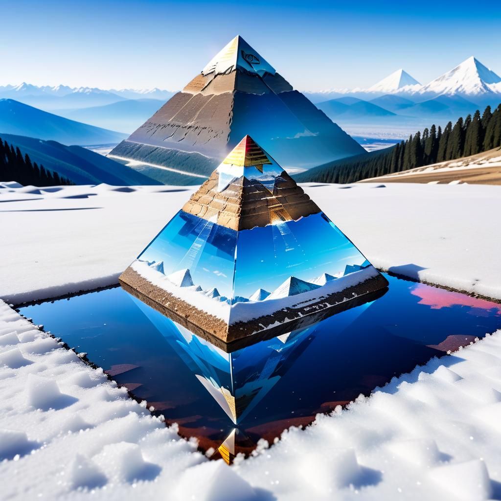 inverted pyramid, with the tip resting on the ground and the...