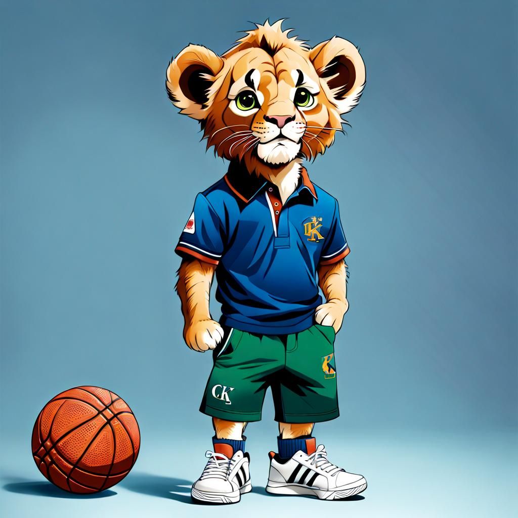 An anthropomorphic male lion cub wears  basketball polo t-sh...