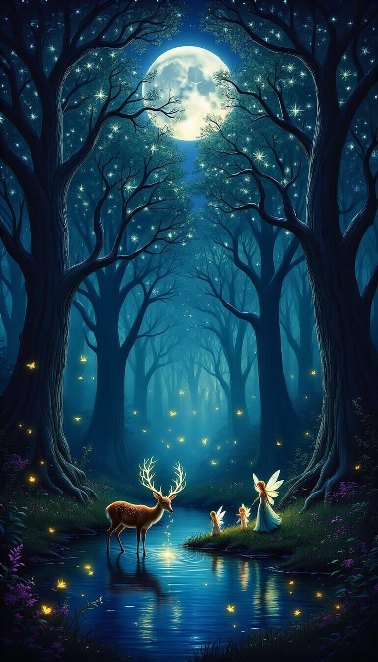 Create an enchanting painting that captures a magical night in a mystical forest. The scene should be illuminated by a full moon casting a s...