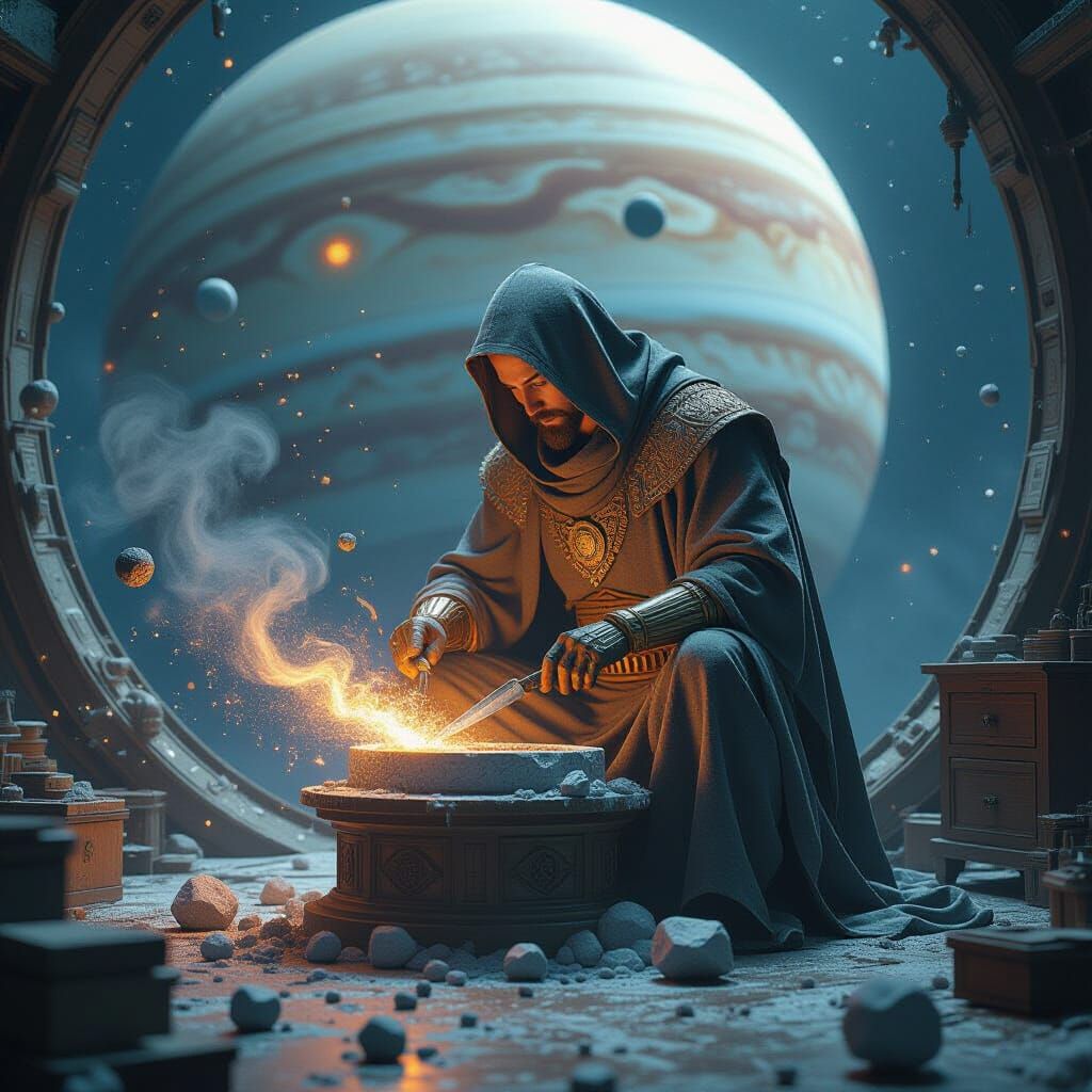 Envision a celestial sculptor chiseling masterpieces from asteroids in a zero-gravity workshop orbiting Jupiter. The workshop is filled with...
