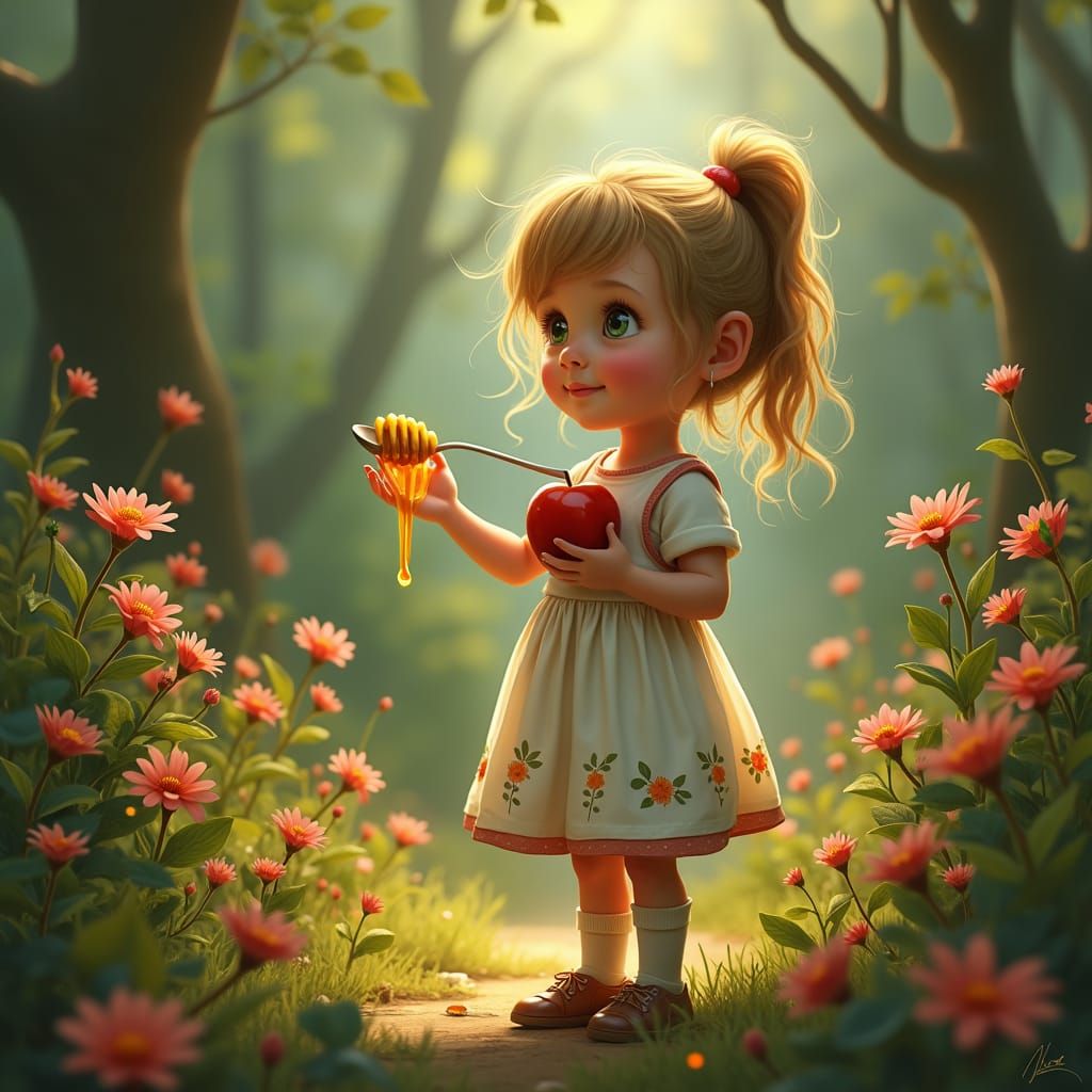 Enchanting Girl with Apple and Honey, Fantasy Art