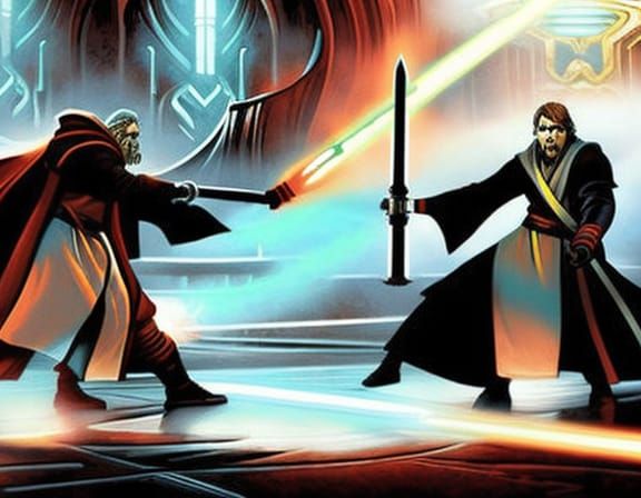 Anakin And Obi-wan Lightsaber Duel Training In A Jedi Temple - Ai 