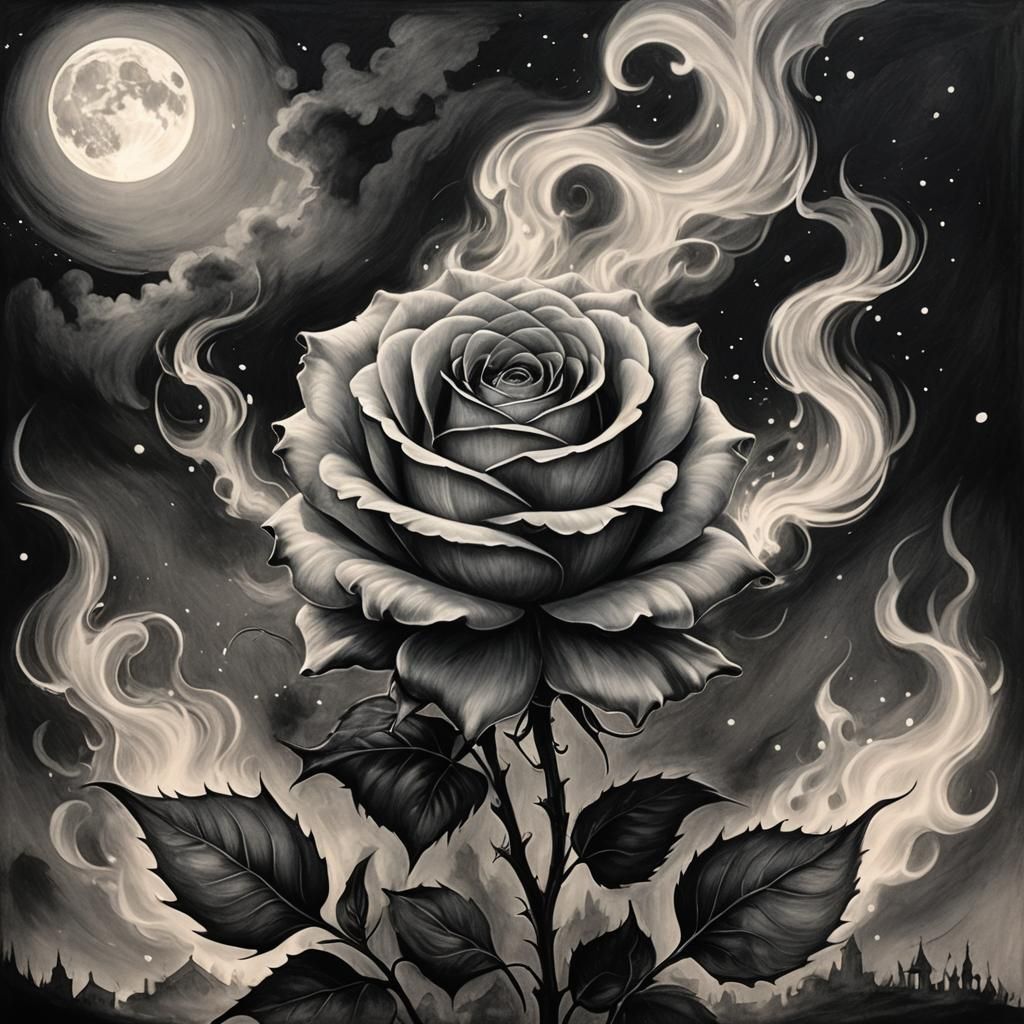 A  grey rose wrapped in flames and smoke under luminous full moon Tim Burton monochromatic charcoal drawing aurora noctilucent dreamcore
