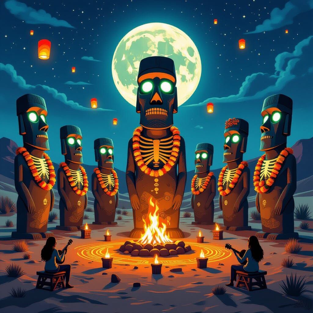 Giant Moai statues with glowing skeleton faces dance in a circle on a moonlit desert during Día de los Muertos. Their stone bodies sway to s...