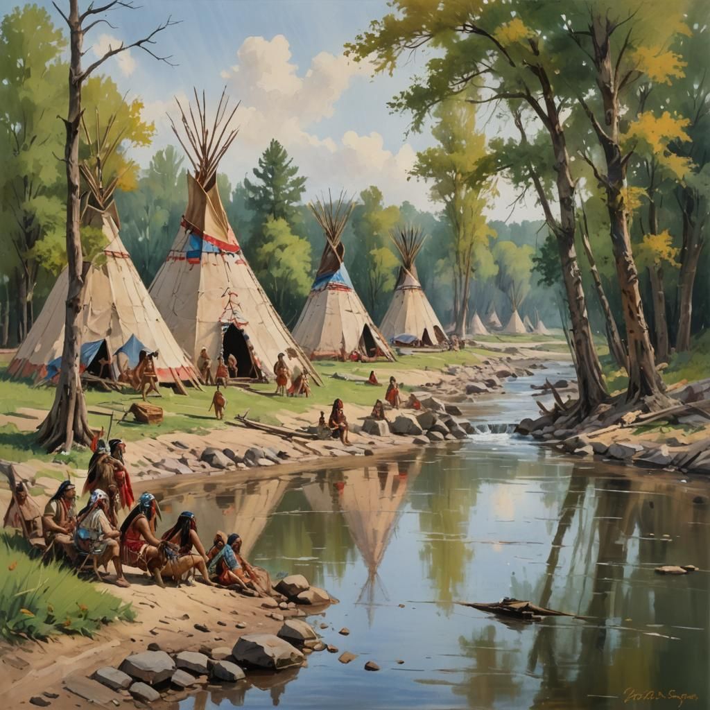 Native Americans and a teepee village along a river bank.