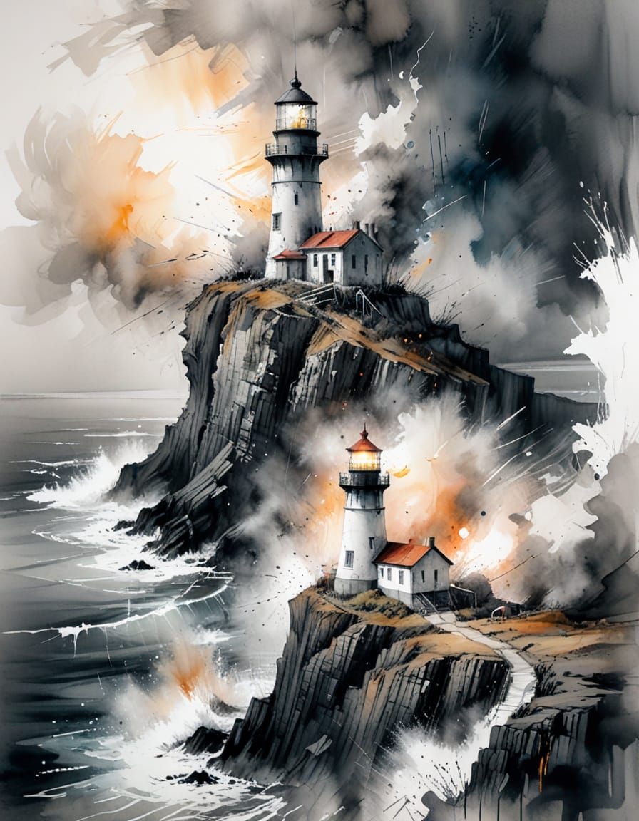 A charcoal sketch of a weathered lighthouse on a cliff