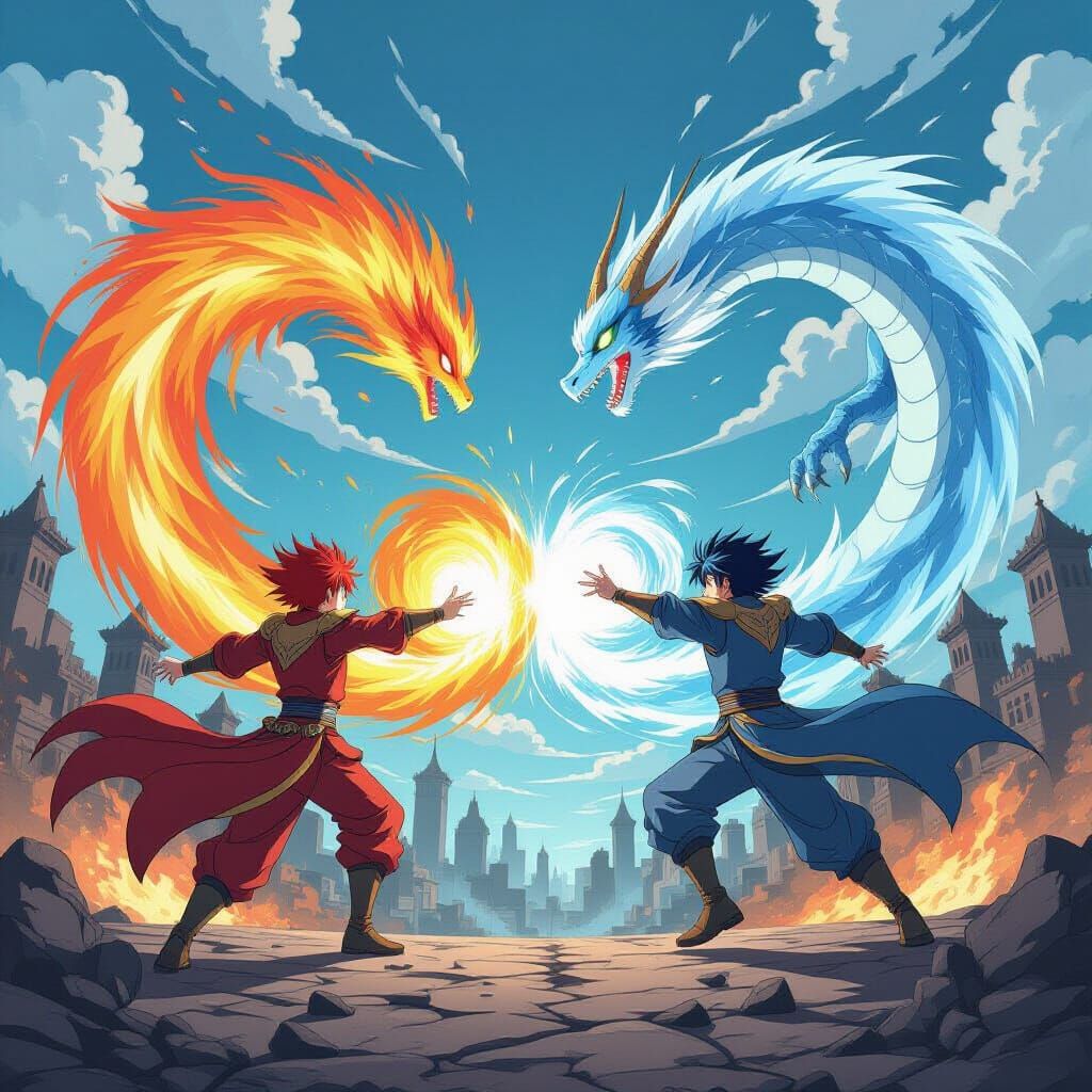 Two rival anime mages engage in an epic aerial duel, conjuring swirling vortexes of elemental magic. ...  by @undefined