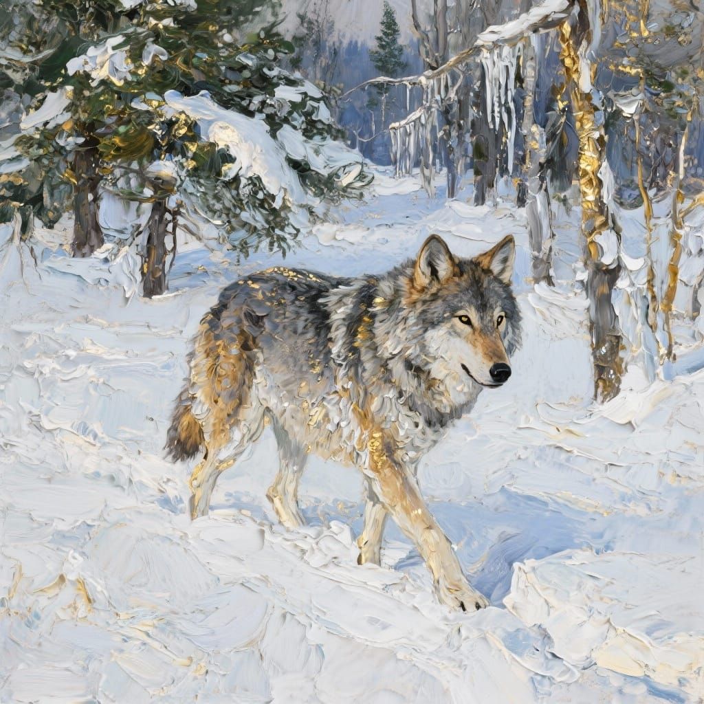 Lone Wolf in Winter Forest: Impasto Oil Painting