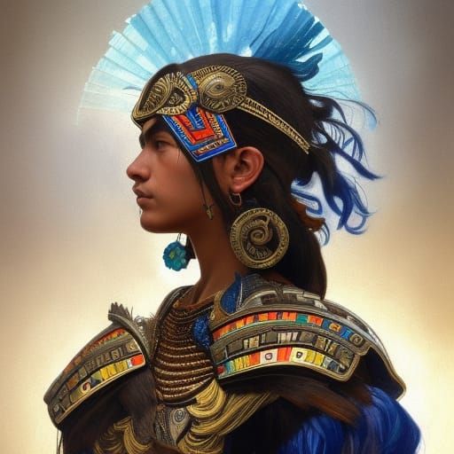 brown handsome mexican  aztec warrior wearing blue fringes b...