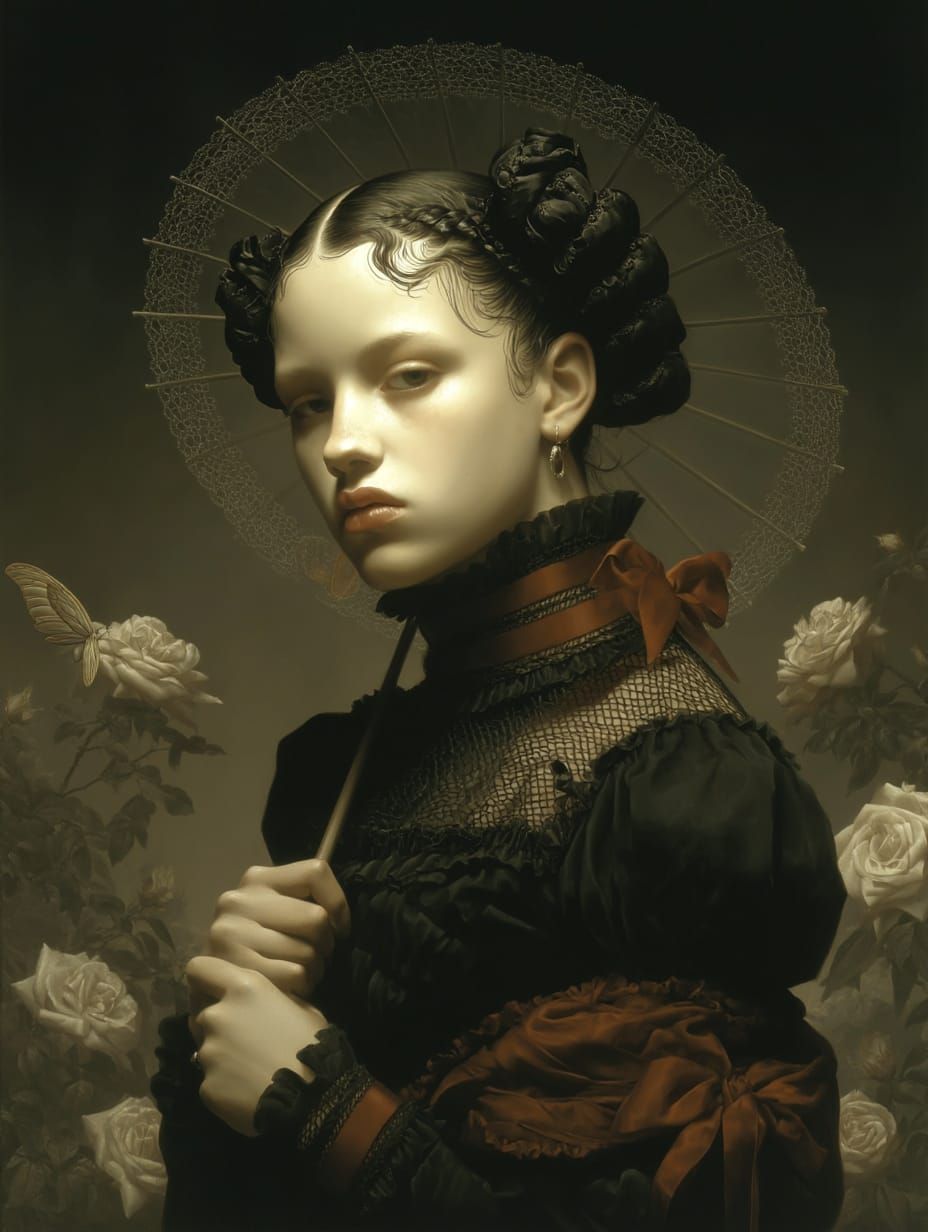 “In silence she blooms, thorns laced in velvet grace; an elegy written in shadow and lace.”