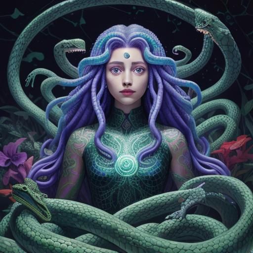 Beautiful medusa in a garden of snakes