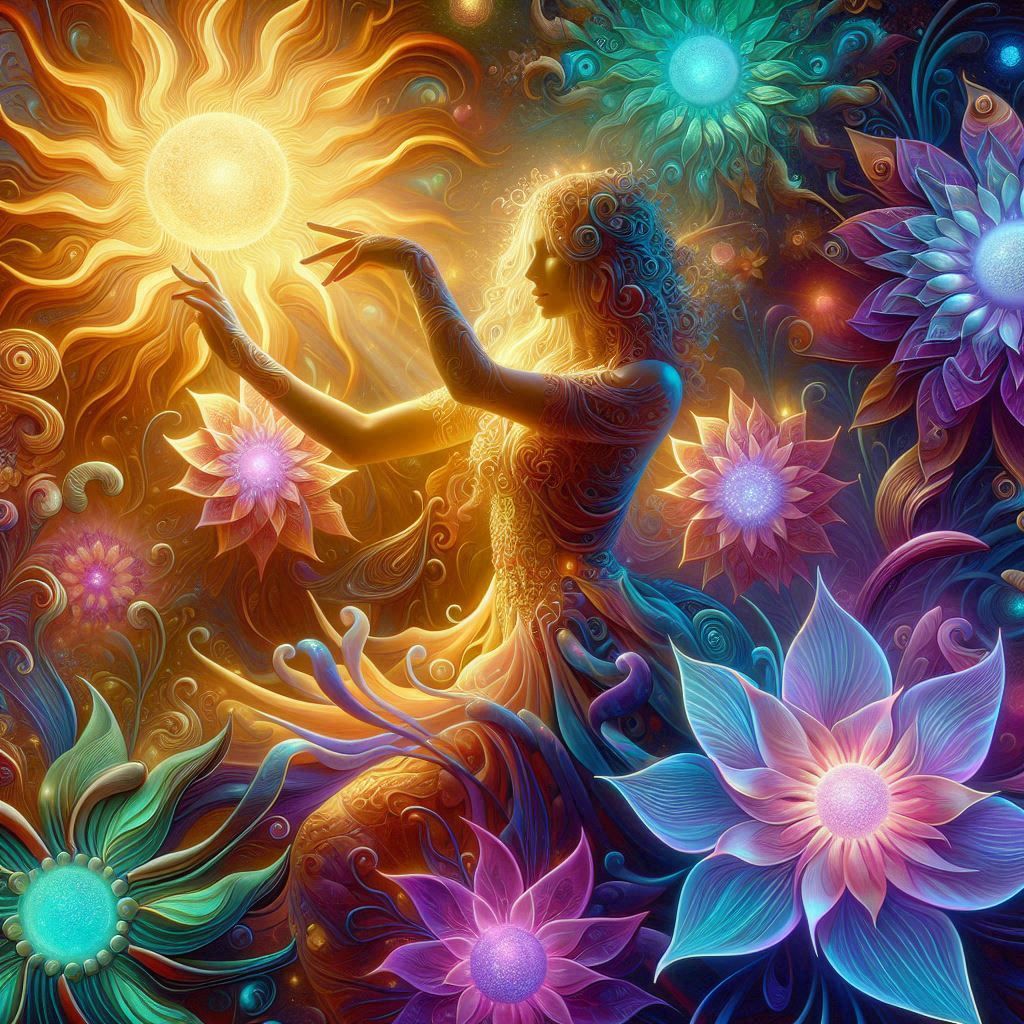 woman dances among vibrant flowers made from sun and moon elements